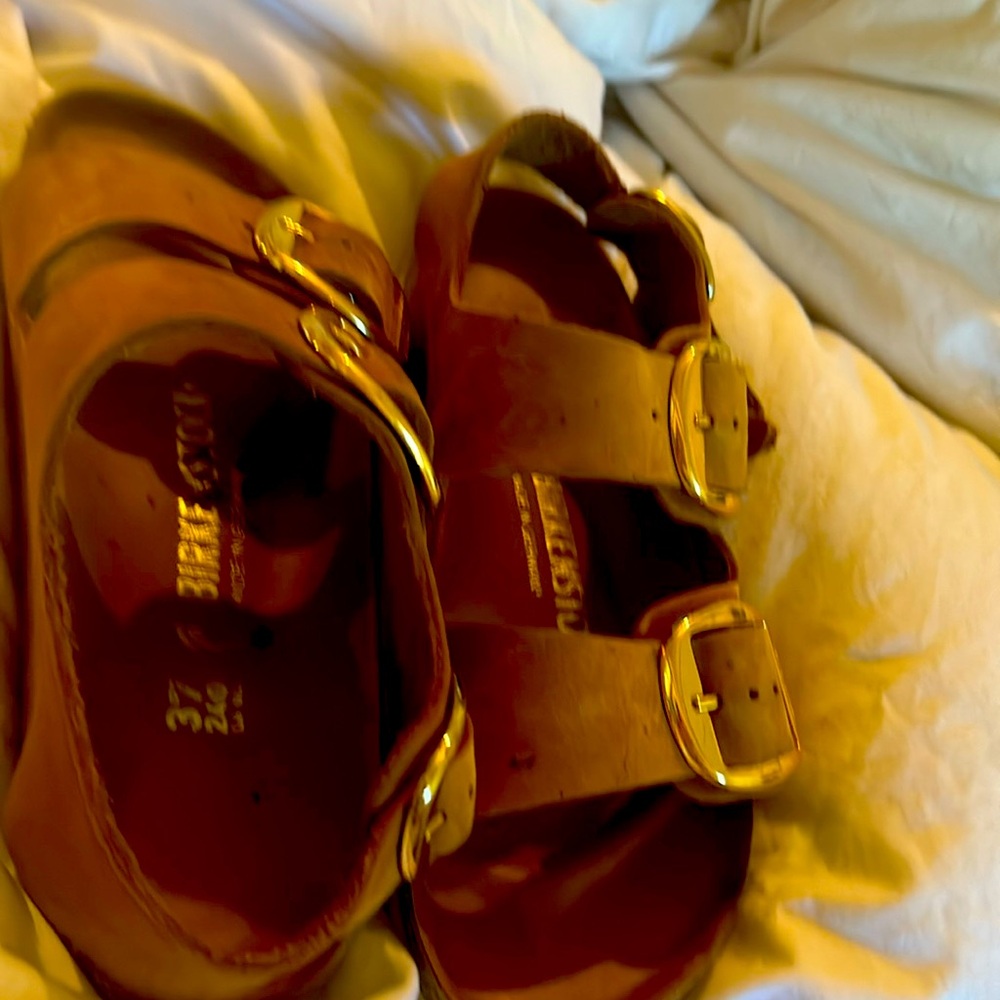 Birkenstocks with wide brass buckles, vintage looking perfect with the Boho